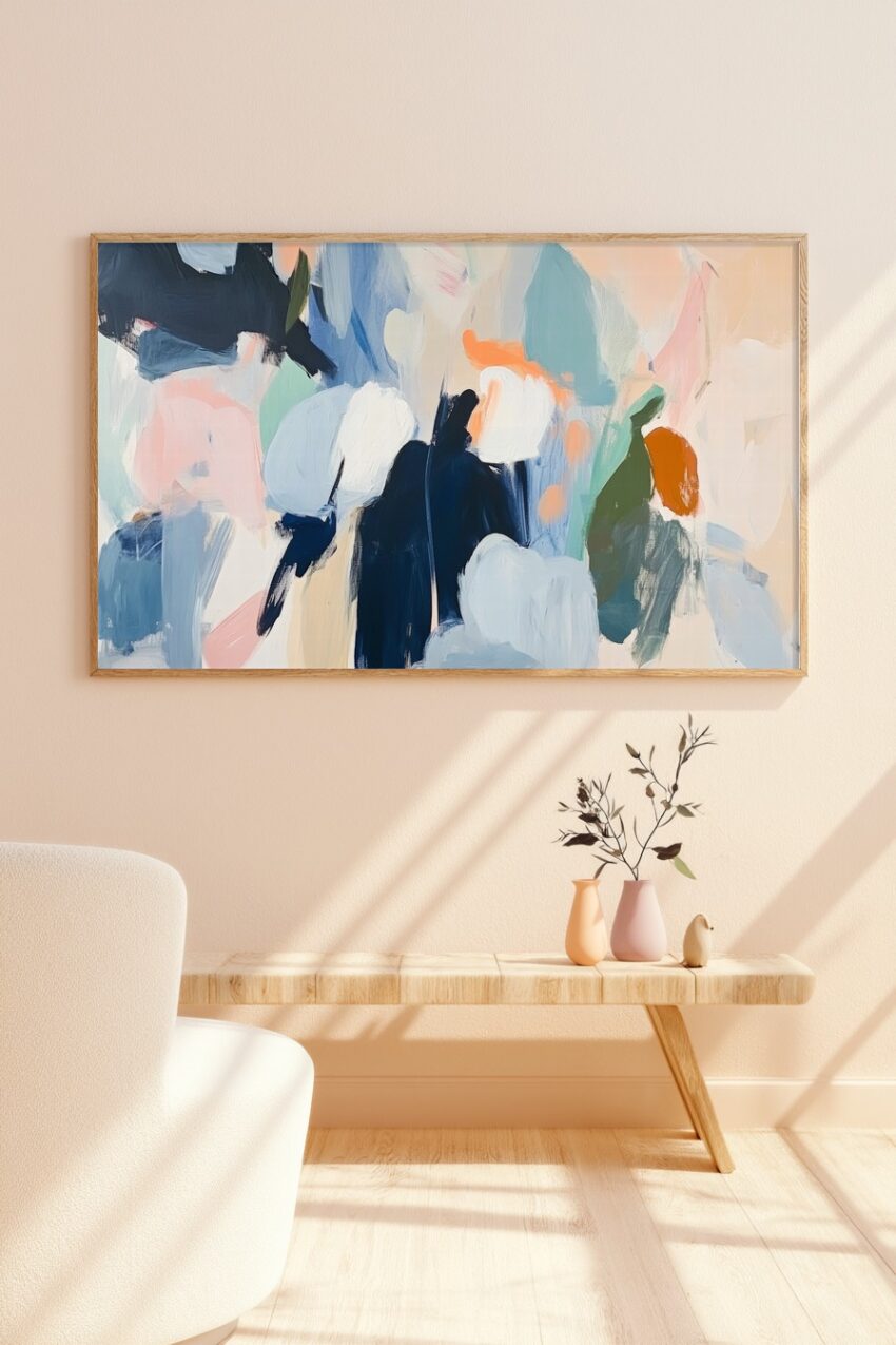 Abstrakter Kunstdruck mit weichen Farbfeldern in Pastell und Blau als Poster, moderner abstrakter Kunstdruck mit Struktur