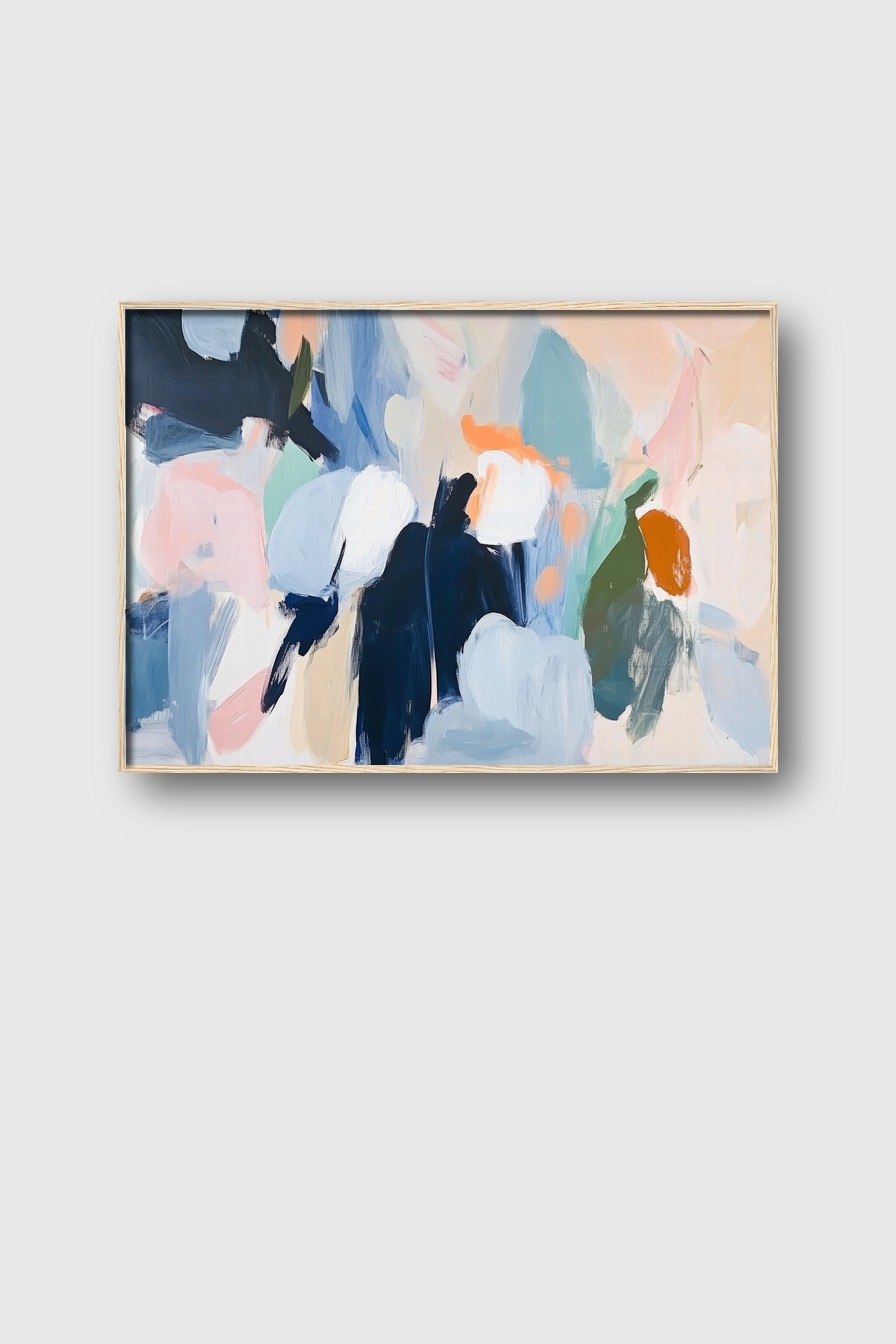 Abstrakter Kunstdruck mit weichen Farbfeldern in Pastell und Blau als Poster, moderner abstrakter Kunstdruck mit Struktur