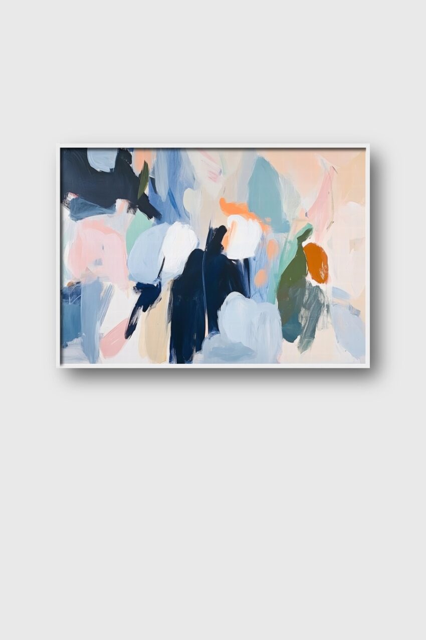 Abstrakter Kunstdruck mit weichen Farbfeldern in Pastell und Blau als Poster, moderner abstrakter Kunstdruck mit Struktur