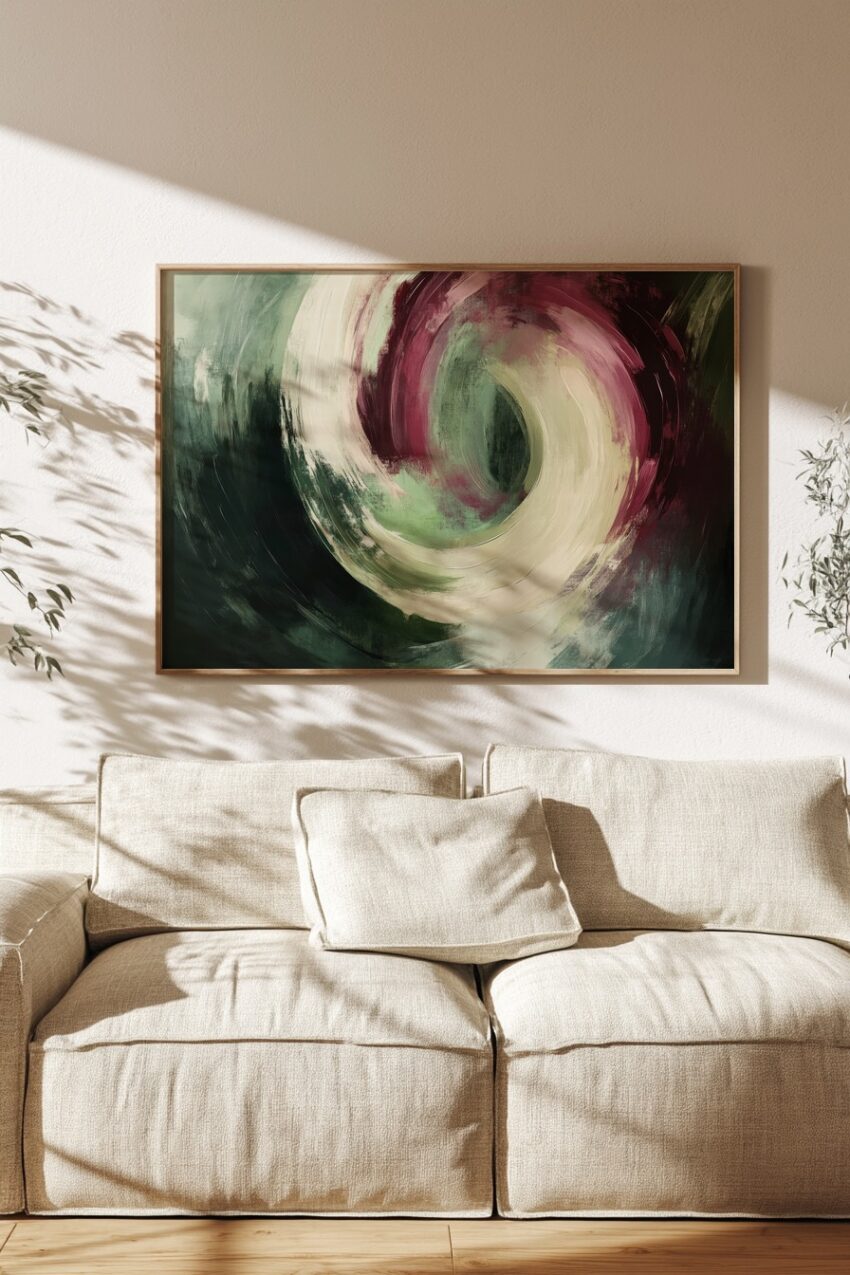 Abstraktes Poster mit drehendem Kreis in sanften Grün- und Rottönen, moderner Kunstdruck mit fließenden Farbübergängen