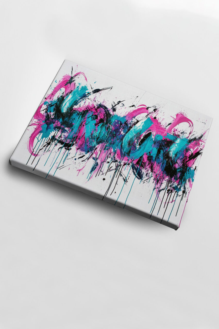 Poster mit dynamischen Farbspritzern in Pink, Blau und Schwarz auf weißem Hintergrund, abstrakter Kunstdruck in lebhaften Farben