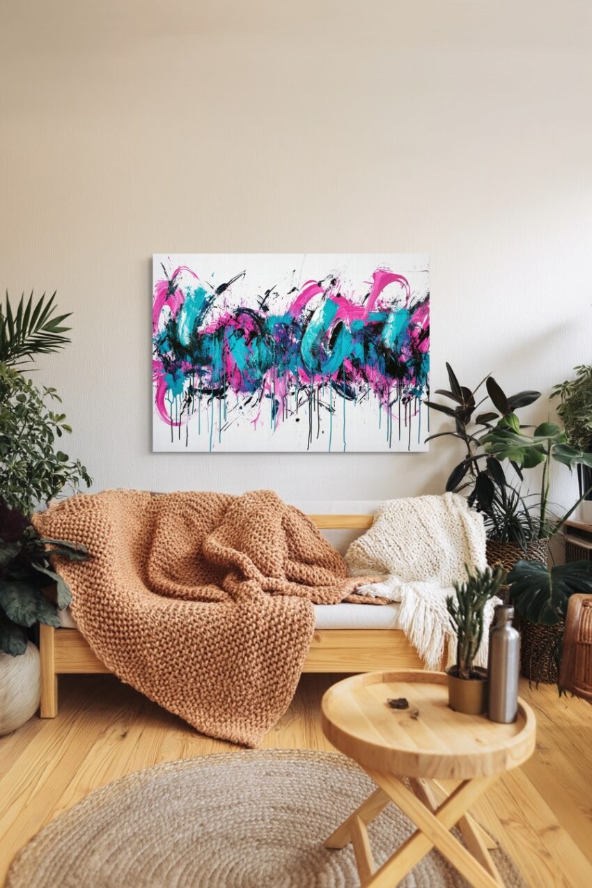 Poster mit dynamischen Farbspritzern in Pink, Blau und Schwarz auf weißem Hintergrund, abstrakter Kunstdruck in lebhaften Farben