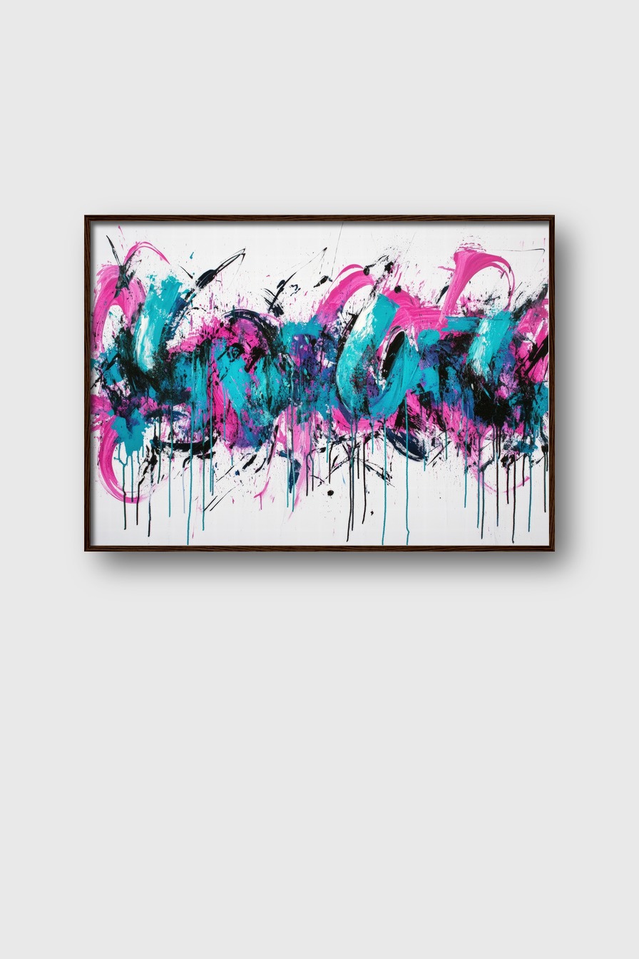 Poster mit dynamischen Farbspritzern in Pink, Blau und Schwarz auf weißem Hintergrund, abstrakter Kunstdruck in lebhaften Farben