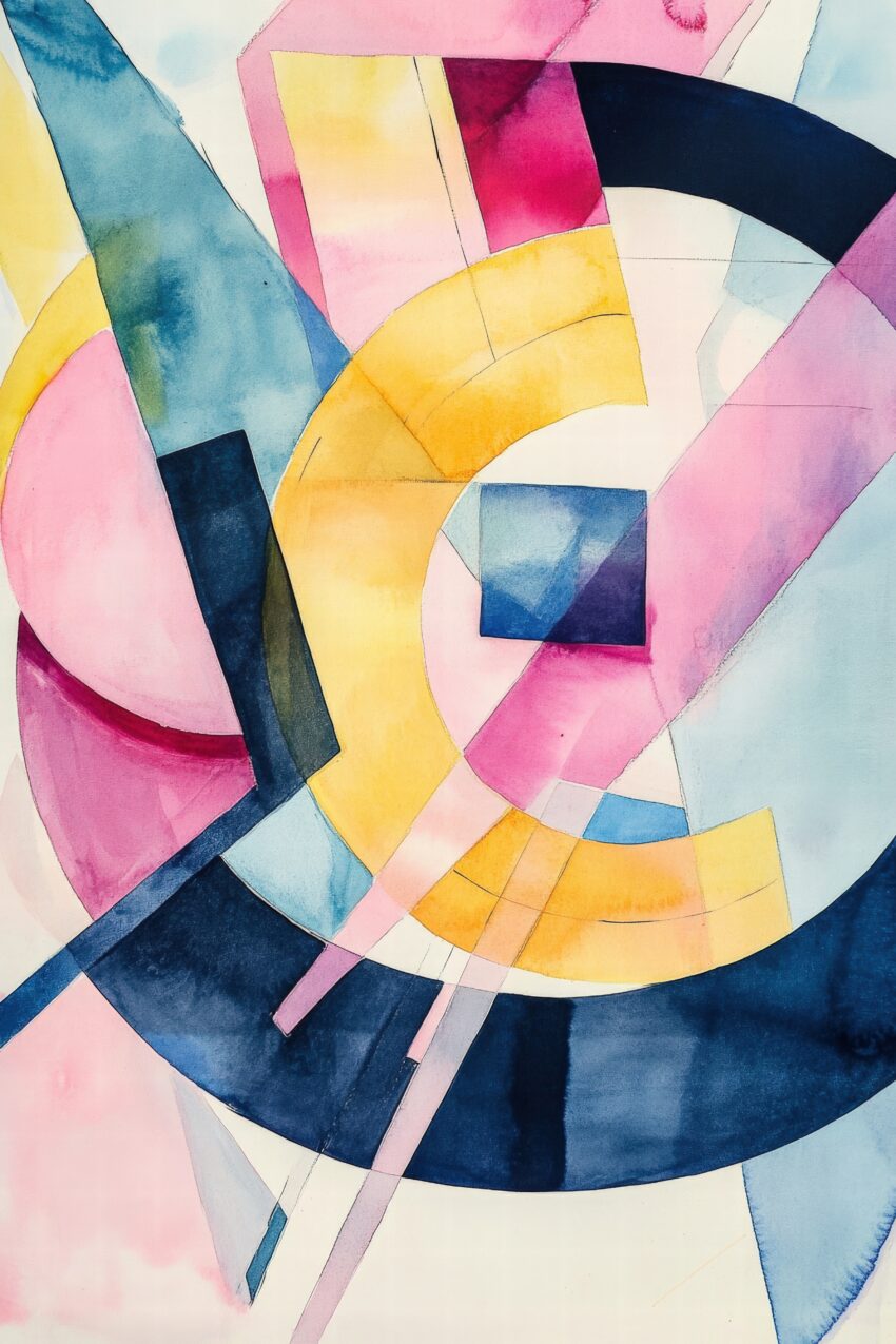 Abstrakter Kunstdruck mit geometrischen Formen in Gelb, Blau und Rosa, farbige Flächen und Linien in kräftigen Farbtönen als Poster