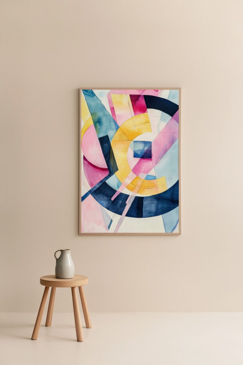 Abstrakter Kunstdruck mit geometrischen Formen in Gelb, Blau und Rosa, farbige Flächen und Linien in kräftigen Farbtönen als Poster