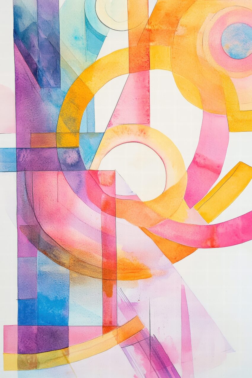 Abstraktes farbiges Poster mit transparenten Kreisbögen und Farbflächen in Orange, Pink und Blau, moderner Kunstdruck