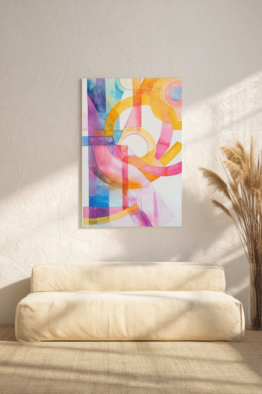 Abstraktes farbiges Poster mit transparenten Kreisbögen und Farbflächen in Orange, Pink und Blau, moderner Kunstdruck