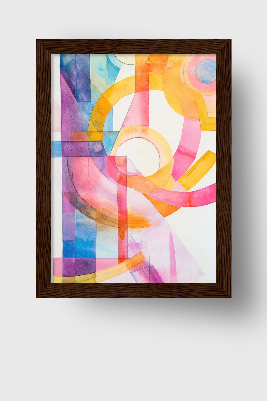 Abstraktes farbiges Poster mit transparenten Kreisbögen und Farbflächen in Orange, Pink und Blau, moderner Kunstdruck