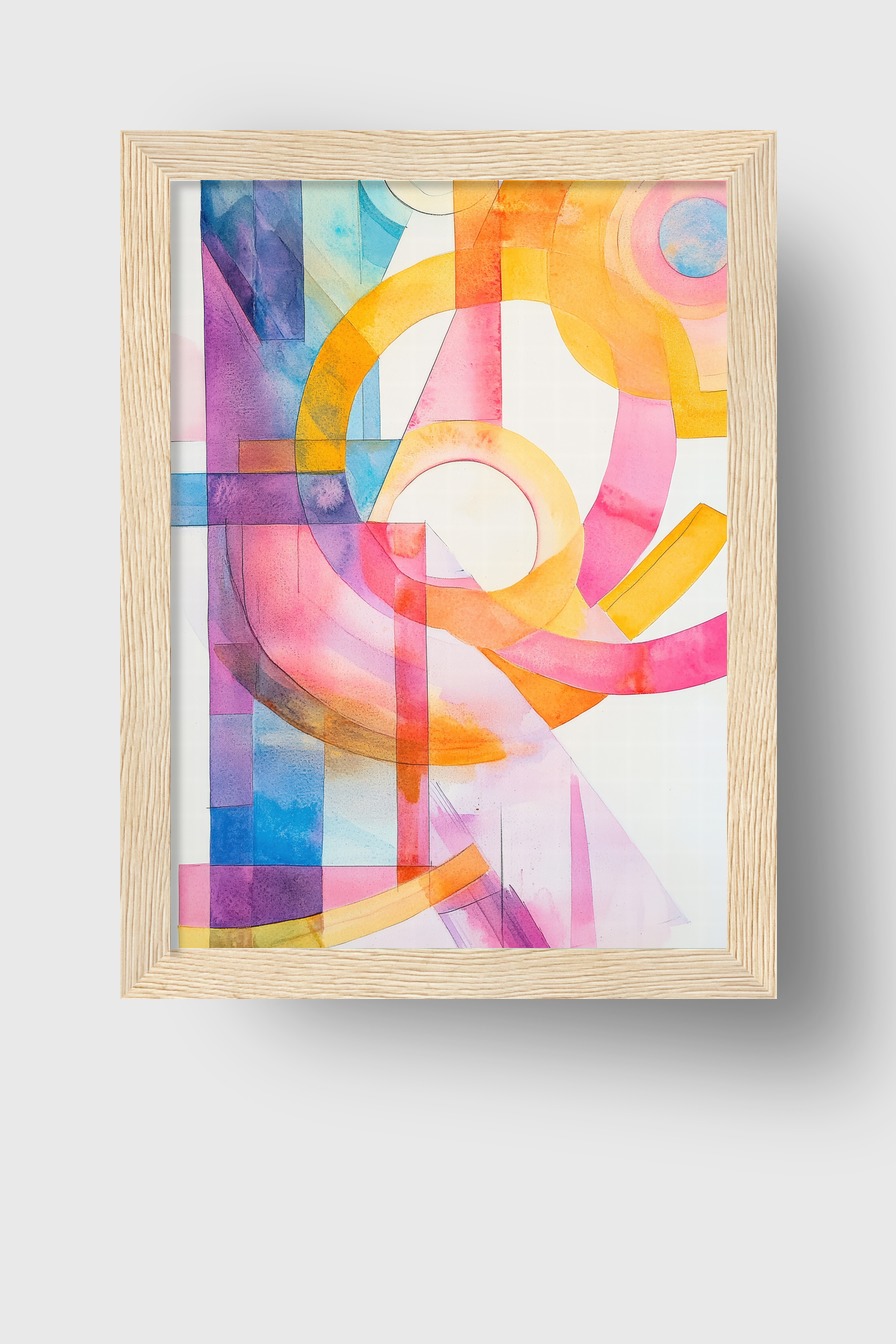 Abstraktes farbiges Poster mit transparenten Kreisbögen und Farbflächen in Orange, Pink und Blau, moderner Kunstdruck