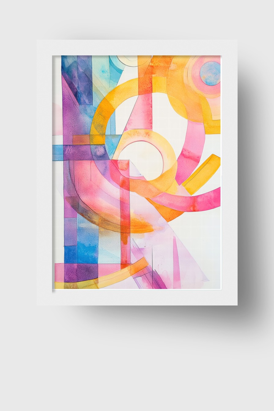 Abstraktes farbiges Poster mit transparenten Kreisbögen und Farbflächen in Orange, Pink und Blau, moderner Kunstdruck