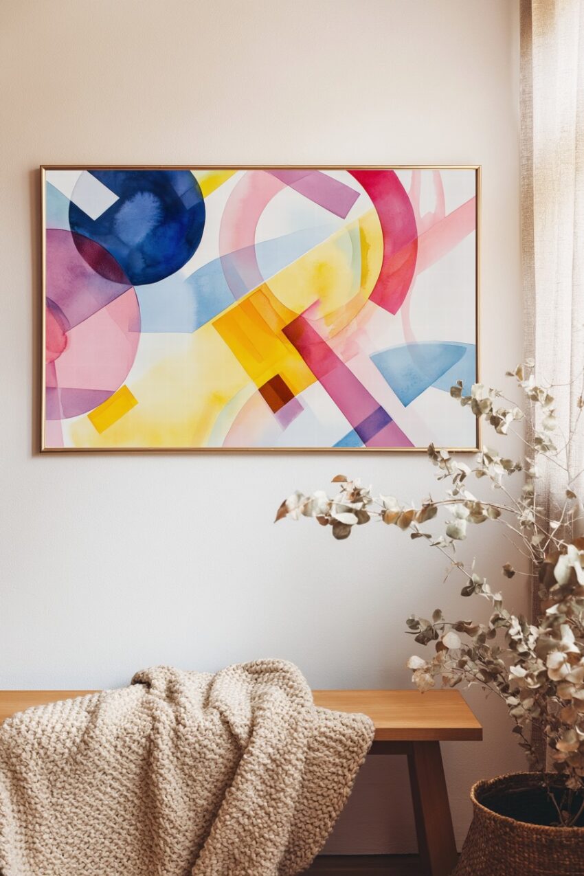 Abstraktes Poster mit transparenten, überlappenden Farbfeldern in Gelb, Blau und Rot, minimalistischer Kunstdruck mit klarem Farbspiel