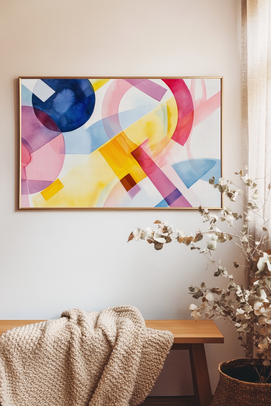 Abstraktes Poster mit transparenten, überlappenden Farbfeldern in Gelb, Blau und Rot, minimalistischer Kunstdruck mit klarem Farbspiel