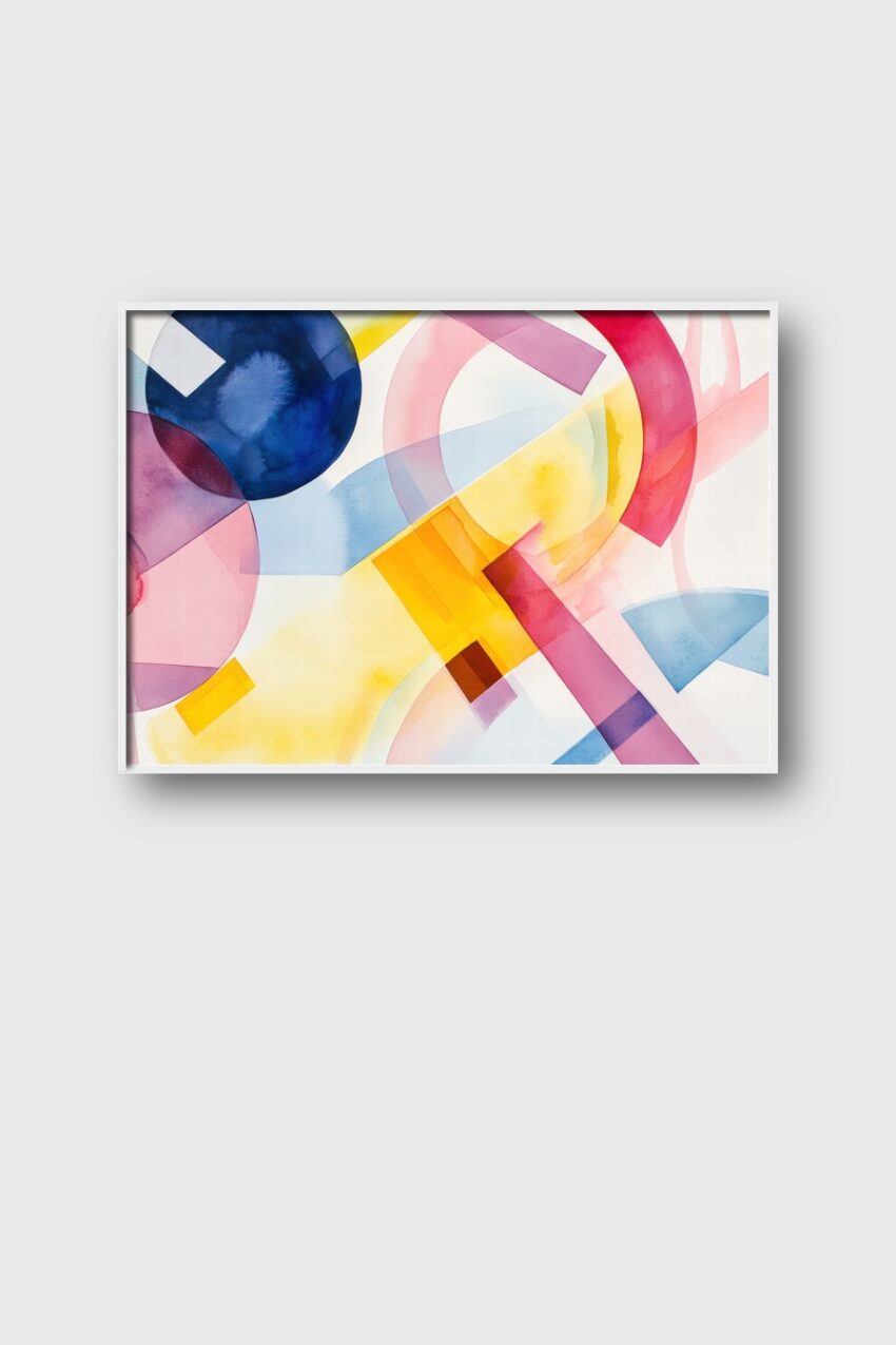 Abstraktes Poster mit transparenten, überlappenden Farbfeldern in Gelb, Blau und Rot, minimalistischer Kunstdruck mit klarem Farbspiel