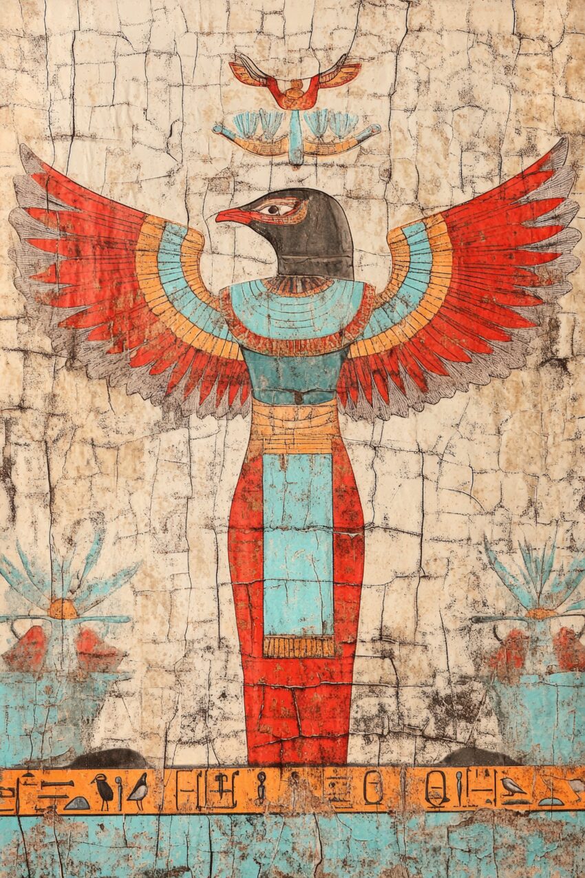 Kunstdruck mit ägyptischer Himmelsgöttin mit Falke und ausgebreiteten Flügeln in Rot und Türkis auf historischem Hintergrund