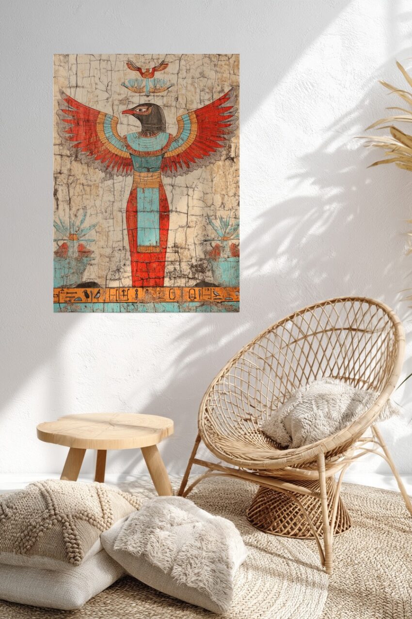 Kunstdruck mit ägyptischer Himmelsgöttin mit Falke und ausgebreiteten Flügeln in Rot und Türkis auf historischem Hintergrund