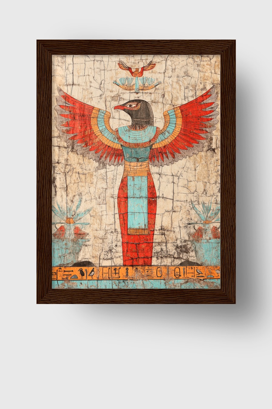 Kunstdruck mit ägyptischer Himmelsgöttin mit Falke und ausgebreiteten Flügeln in Rot und Türkis auf historischem Hintergrund