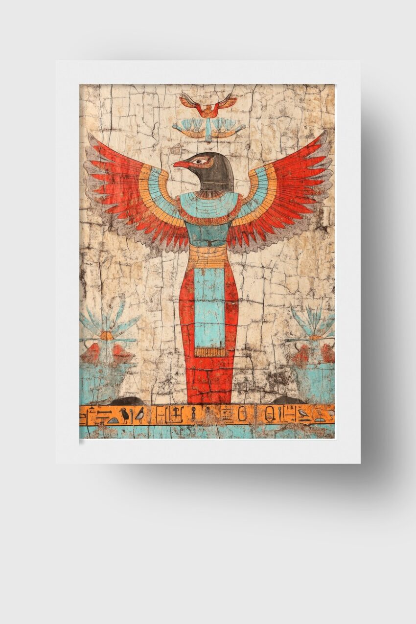 Kunstdruck mit ägyptischer Himmelsgöttin mit Falke und ausgebreiteten Flügeln in Rot und Türkis auf historischem Hintergrund