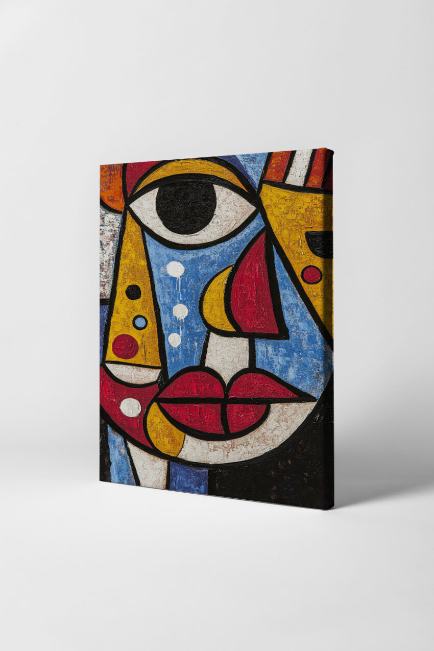 Abstraktes Poster mit farbigem fragmentiertem Gesicht in Blau, Rot und Gelb auf strukturierter Fläche