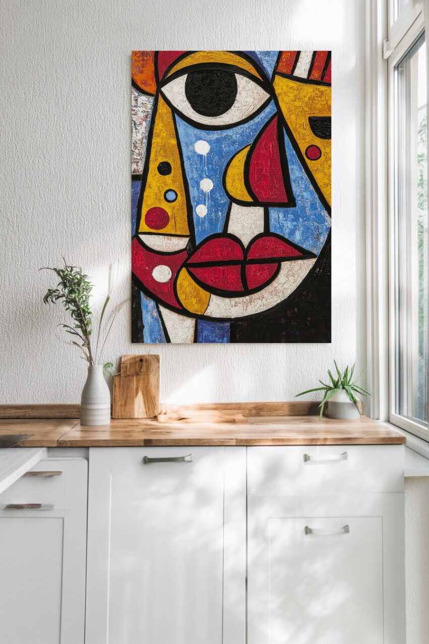 Abstraktes Poster mit farbigem fragmentiertem Gesicht in Blau, Rot und Gelb auf strukturierter Fläche