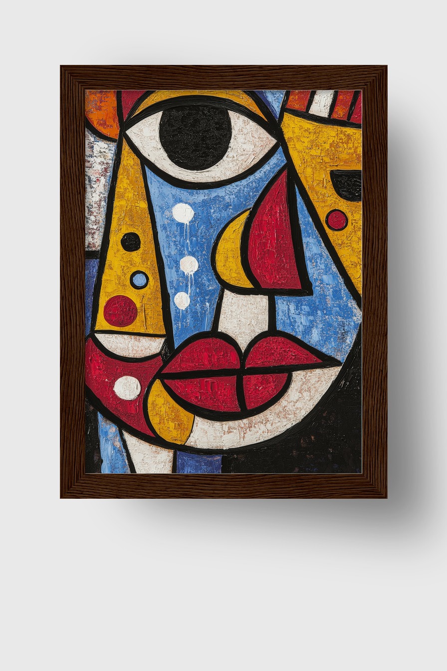 Abstraktes Poster mit farbigem fragmentiertem Gesicht in Blau, Rot und Gelb auf strukturierter Fläche