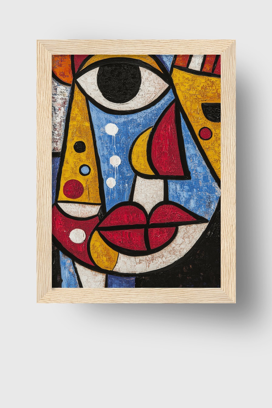 Abstraktes Poster mit farbigem fragmentiertem Gesicht in Blau, Rot und Gelb auf strukturierter Fläche