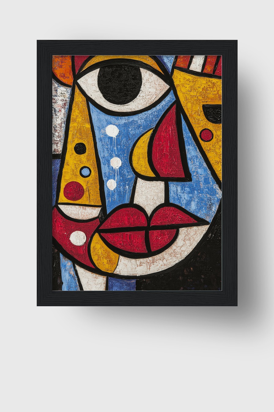 Abstraktes Poster mit farbigem fragmentiertem Gesicht in Blau, Rot und Gelb auf strukturierter Fläche