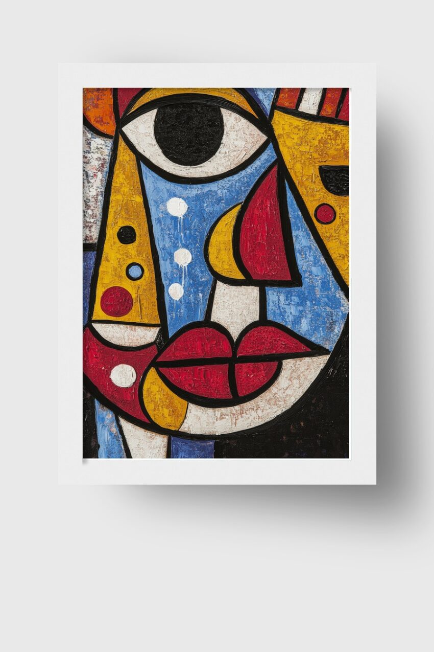 Abstraktes Poster mit farbigem fragmentiertem Gesicht in Blau, Rot und Gelb auf strukturierter Fläche