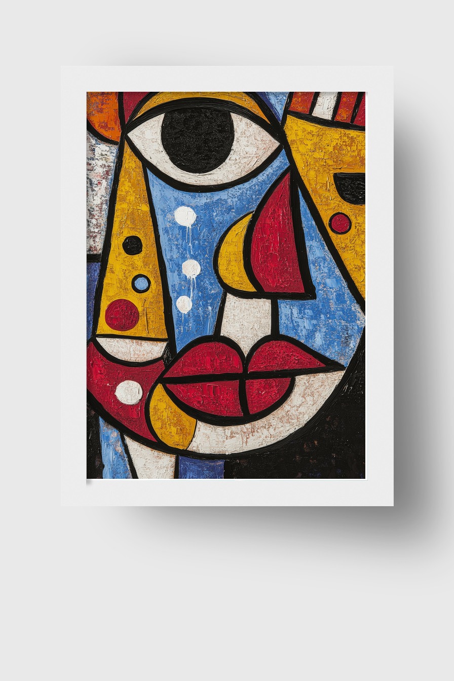 Abstraktes Poster mit farbigem fragmentiertem Gesicht in Blau, Rot und Gelb auf strukturierter Fläche