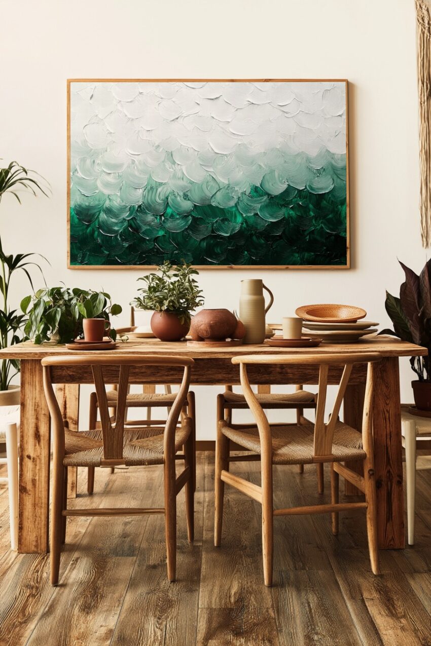 Abstrakter Kunstdruck mit grünen und weißen Farbschichten in Spachteltechnik, strukturierter Farbauftrag als Poster für moderne Räume
