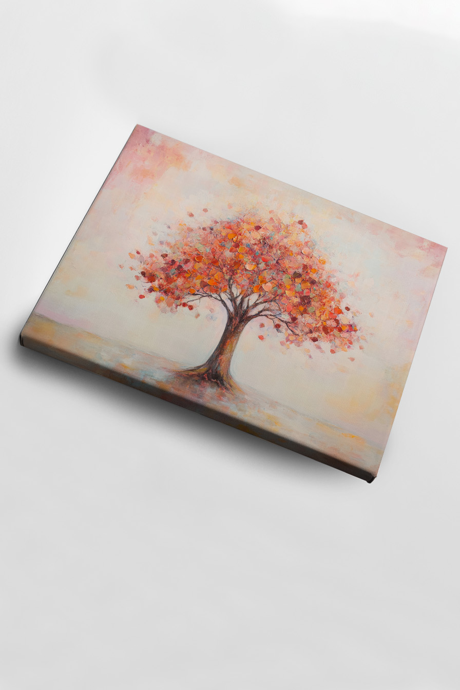 Poster mit herbstlichem Baum, rot-orange Blätter in ruhiger Atmosphäre, dekorativer Kunstdruck für Wohnräume