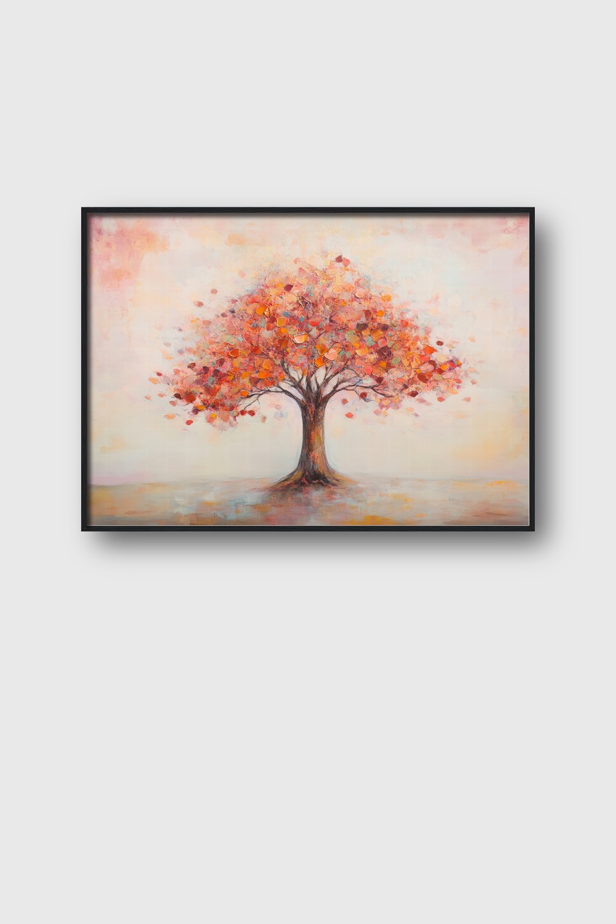 Poster mit herbstlichem Baum, rot-orange Blätter in ruhiger Atmosphäre, dekorativer Kunstdruck für Wohnräume