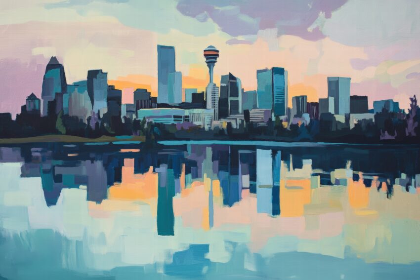 Stadt Poster mit Skyline und Wasserreflexionen in pastelligen Farben, urbaner Kunstdruck mit sanften Spiegelungen