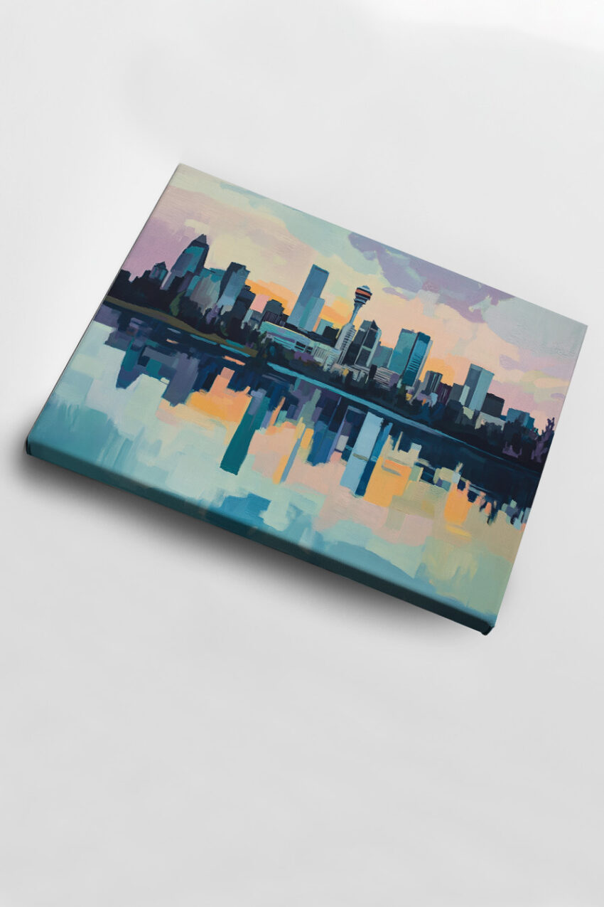 Stadt Poster mit Skyline und Wasserreflexionen in pastelligen Farben, urbaner Kunstdruck mit sanften Spiegelungen