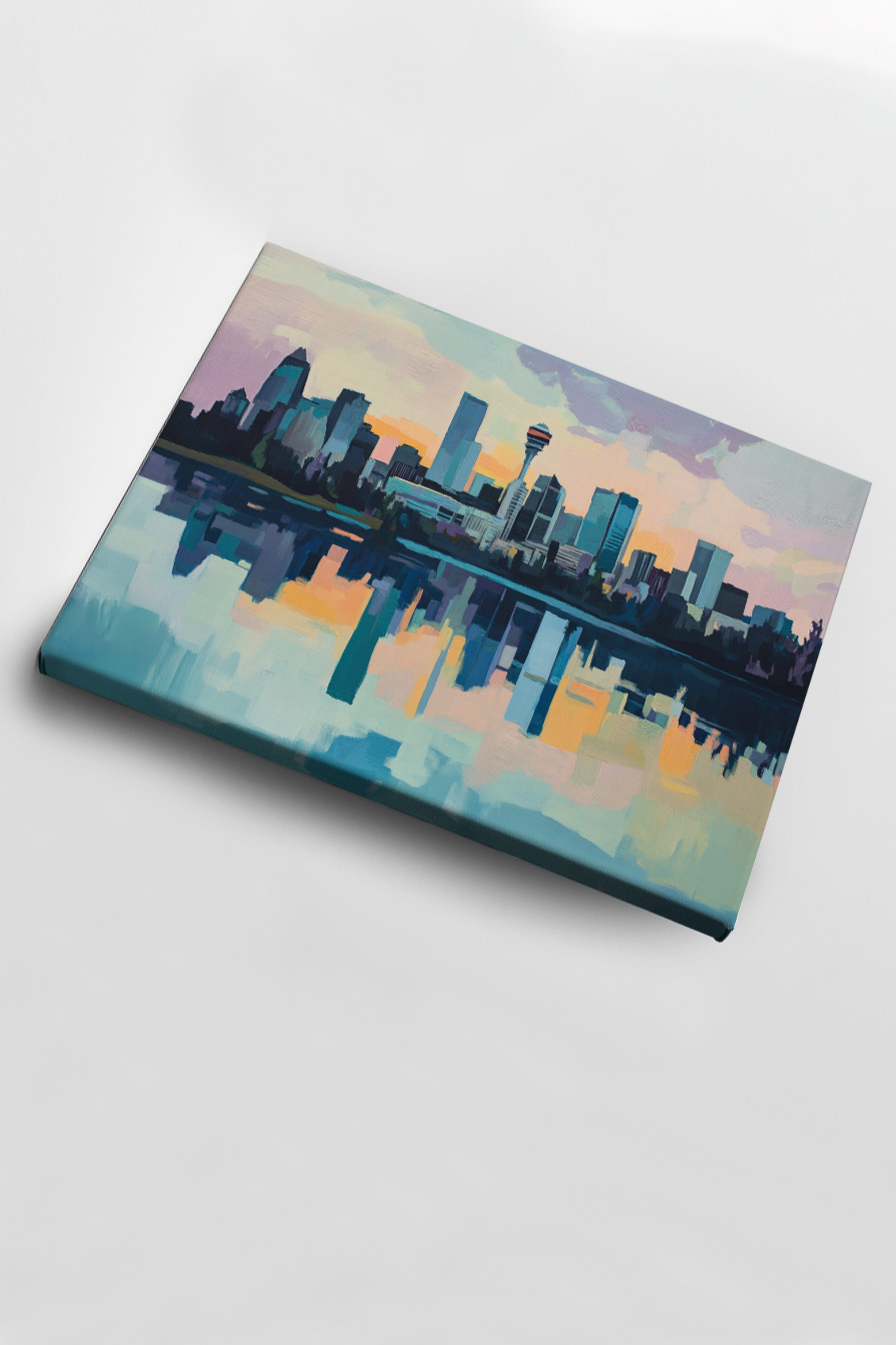 Stadt Poster mit Skyline und Wasserreflexionen in pastelligen Farben, urbaner Kunstdruck mit sanften Spiegelungen