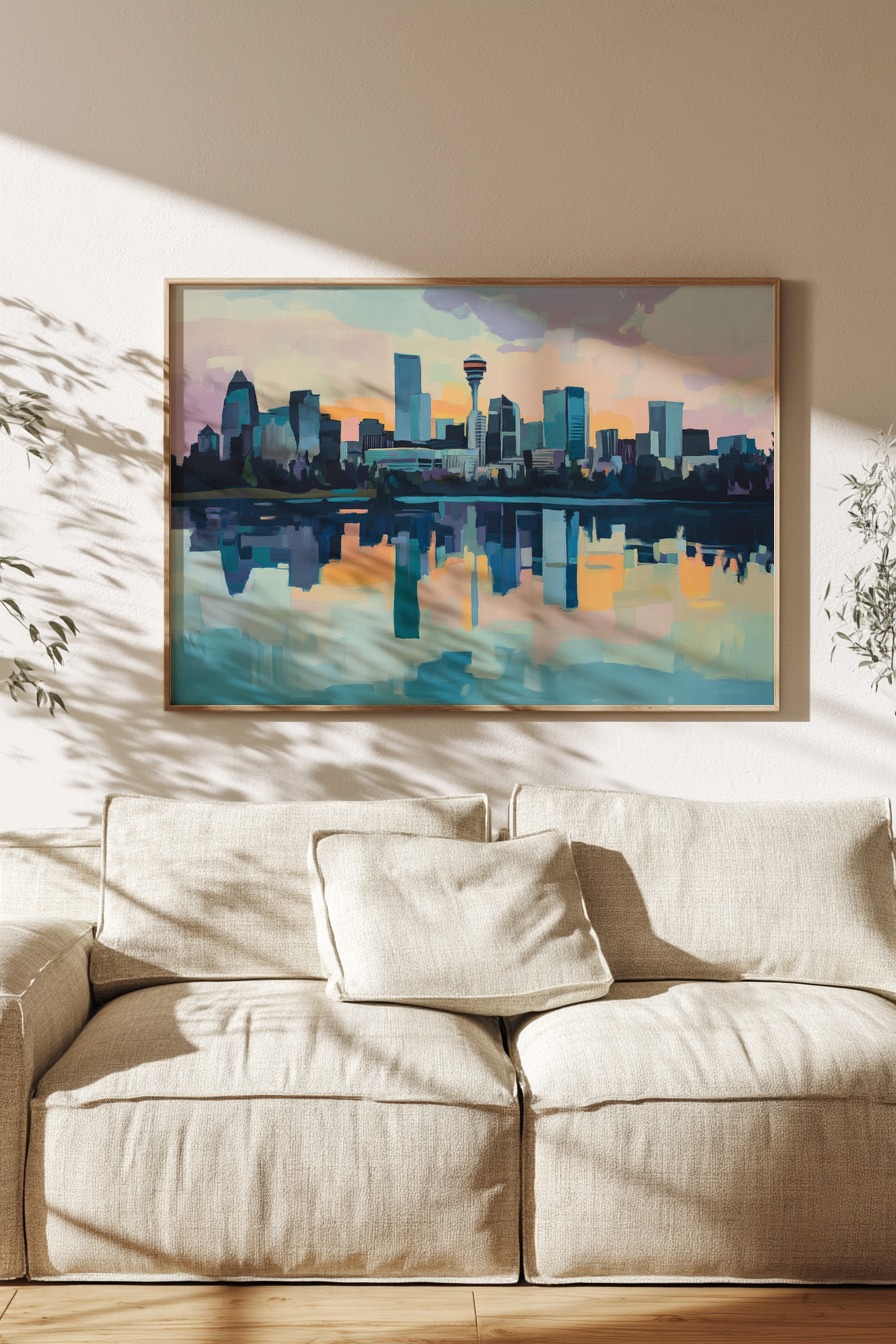 Stadt Poster mit Skyline und Wasserreflexionen in pastelligen Farben, urbaner Kunstdruck mit sanften Spiegelungen