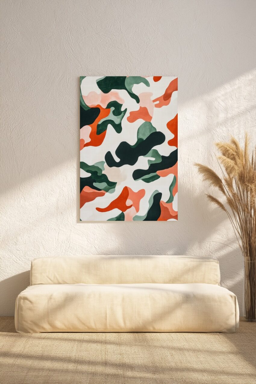 Abstraktes Camouflage Poster mit Farbfeldern in Grün, Orange und Beige als grafisches Design