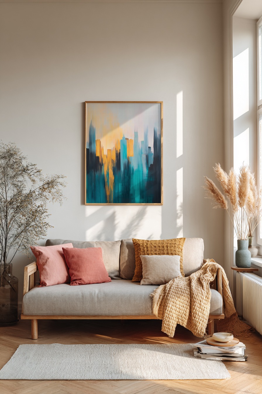 Abstrakter Kunstdruck mit verblassten Stadtsilhouetten in Blau und Gelb auf Poster