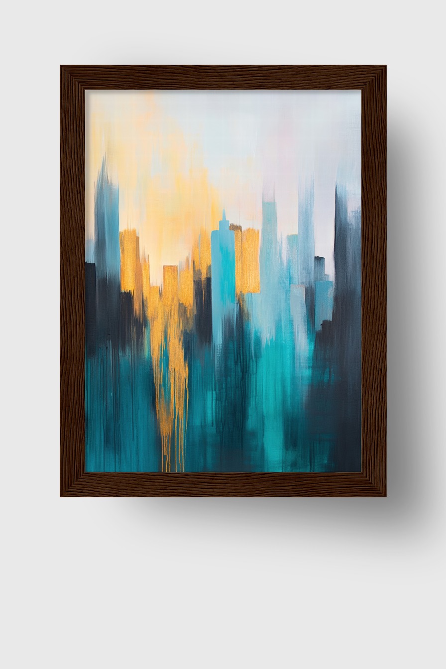 Abstrakter Kunstdruck mit verblassten Stadtsilhouetten in Blau und Gelb auf Poster