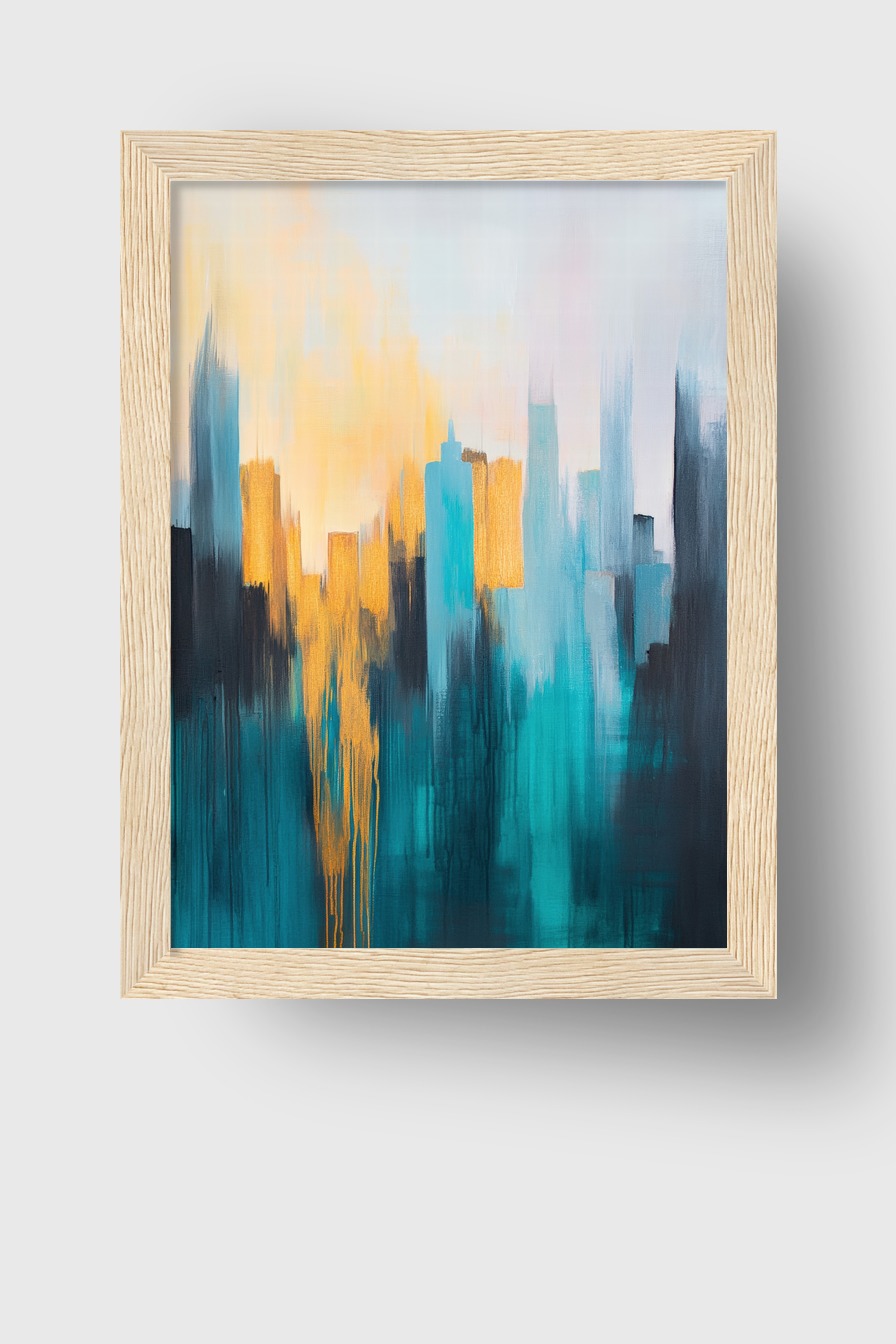Abstrakter Kunstdruck mit verblassten Stadtsilhouetten in Blau und Gelb auf Poster