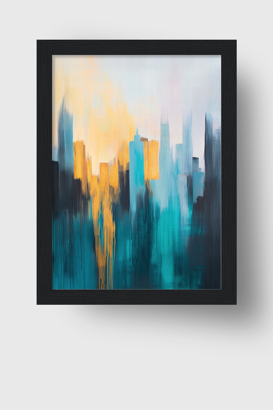 Abstrakter Kunstdruck mit verblassten Stadtsilhouetten in Blau und Gelb auf Poster