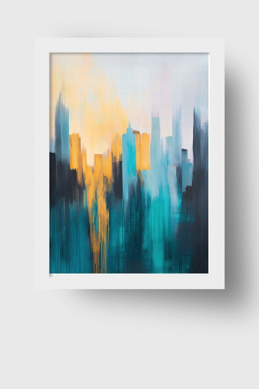 Abstrakter Kunstdruck mit verblassten Stadtsilhouetten in Blau und Gelb auf Poster