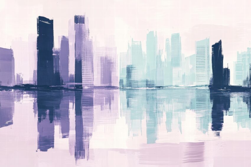 Abstrakter Kunstdruck einer Stadt mit Spiegelung im Wasser in Blau- und Lilatönen, modernes Poster mit ruhiger Atmosphäre