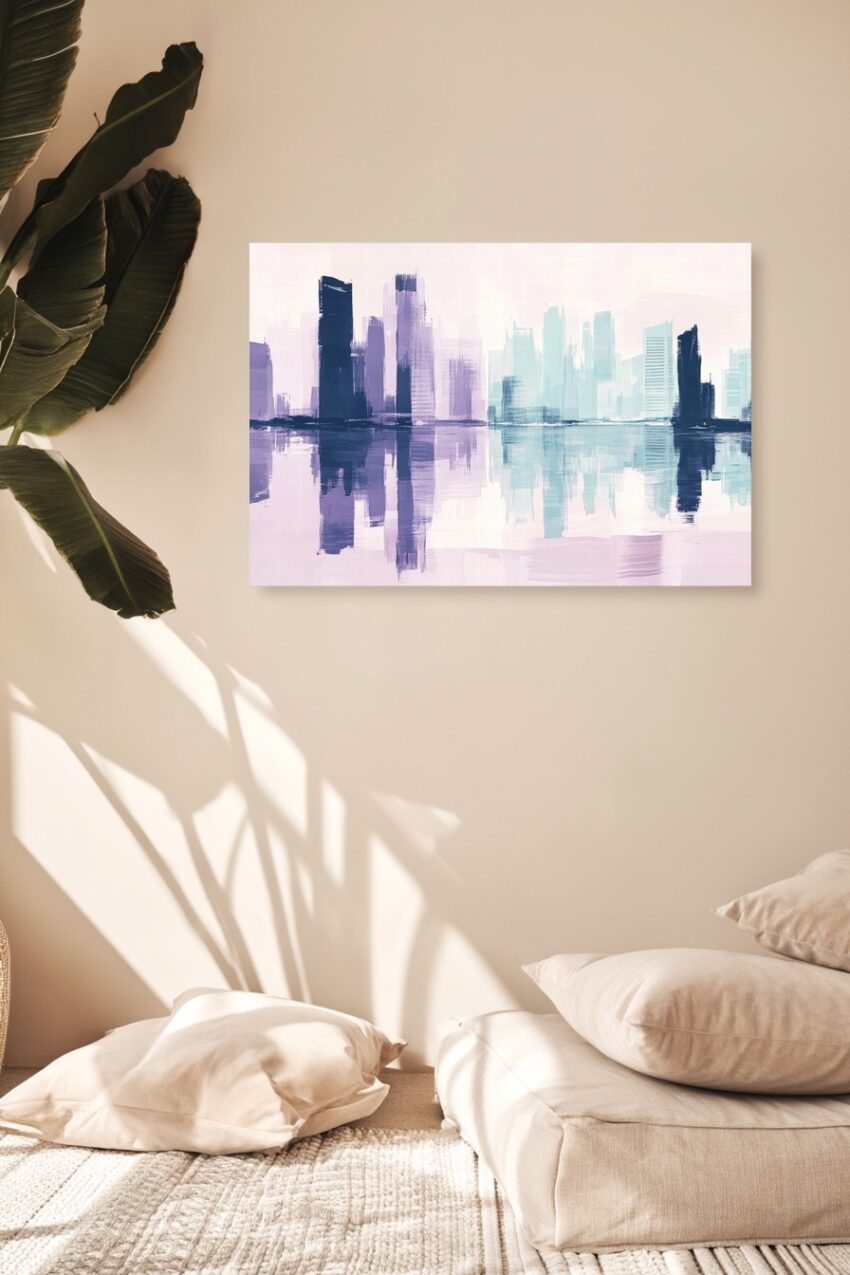 Abstrakter Kunstdruck einer Stadt mit Spiegelung im Wasser in Blau- und Lilatönen, modernes Poster mit ruhiger Atmosphäre