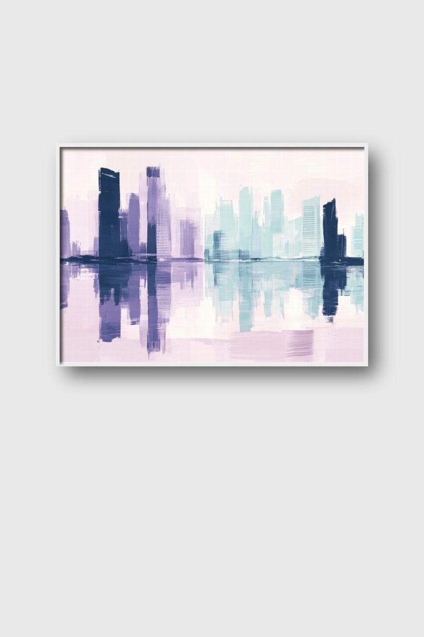 Abstrakter Kunstdruck einer Stadt mit Spiegelung im Wasser in Blau- und Lilatönen, modernes Poster mit ruhiger Atmosphäre
