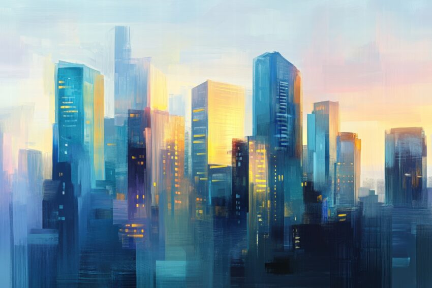 Kunstdruck Poster einer modernen Stadtlandschaft im Sonnenaufgang mit Hochhäusern und warmem Licht in Blau und Gelb