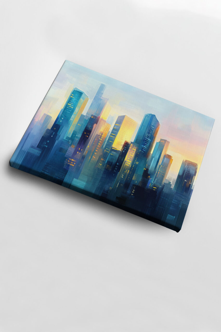 Kunstdruck Poster einer modernen Stadtlandschaft im Sonnenaufgang mit Hochhäusern und warmem Licht in Blau und Gelb