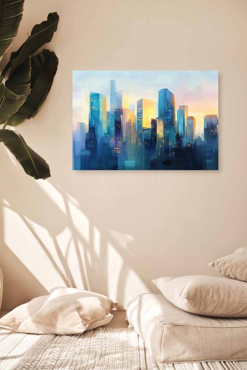 Kunstdruck Poster einer modernen Stadtlandschaft im Sonnenaufgang mit Hochhäusern und warmem Licht in Blau und Gelb
