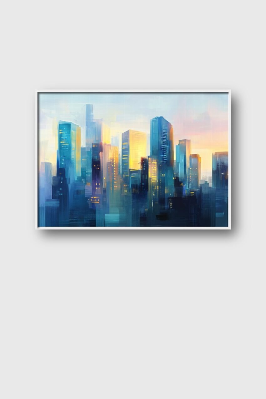 Kunstdruck Poster einer modernen Stadtlandschaft im Sonnenaufgang mit Hochhäusern und warmem Licht in Blau und Gelb