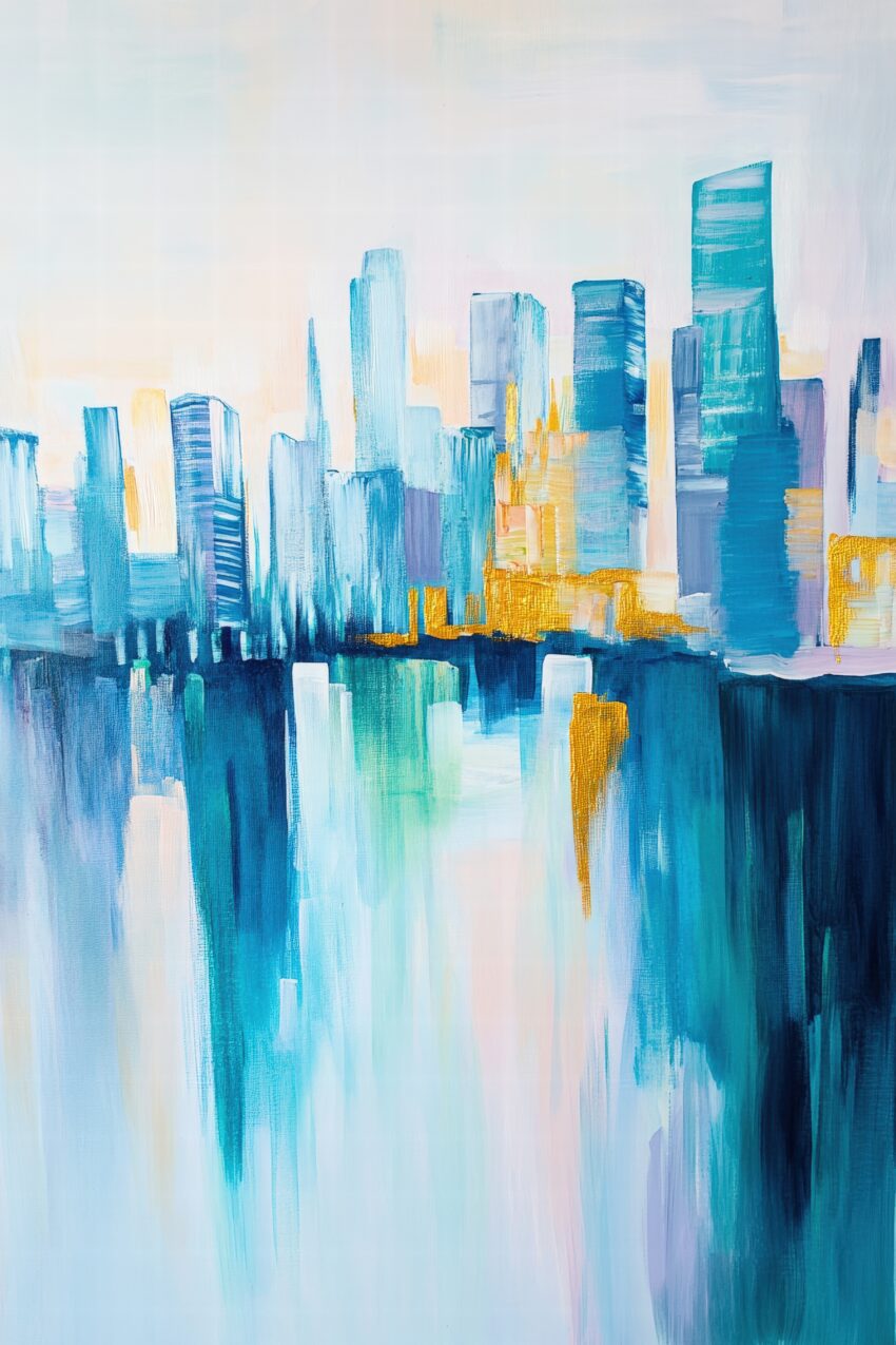 Kunstdruck mit abstrakter Stadt Skyline und spiegelnden Hochhäusern in kühlen Blautönen und goldenen Akzenten