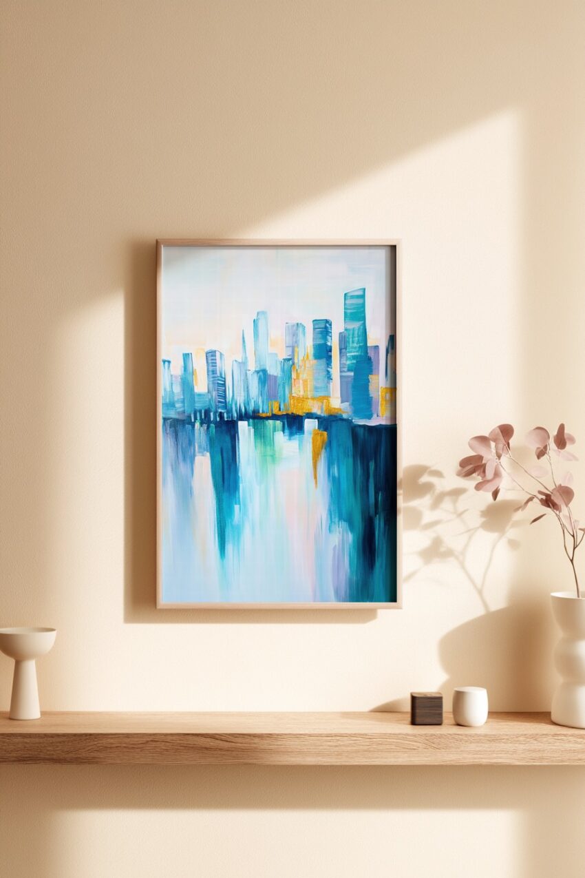 Kunstdruck mit abstrakter Stadt Skyline und spiegelnden Hochhäusern in kühlen Blautönen und goldenen Akzenten